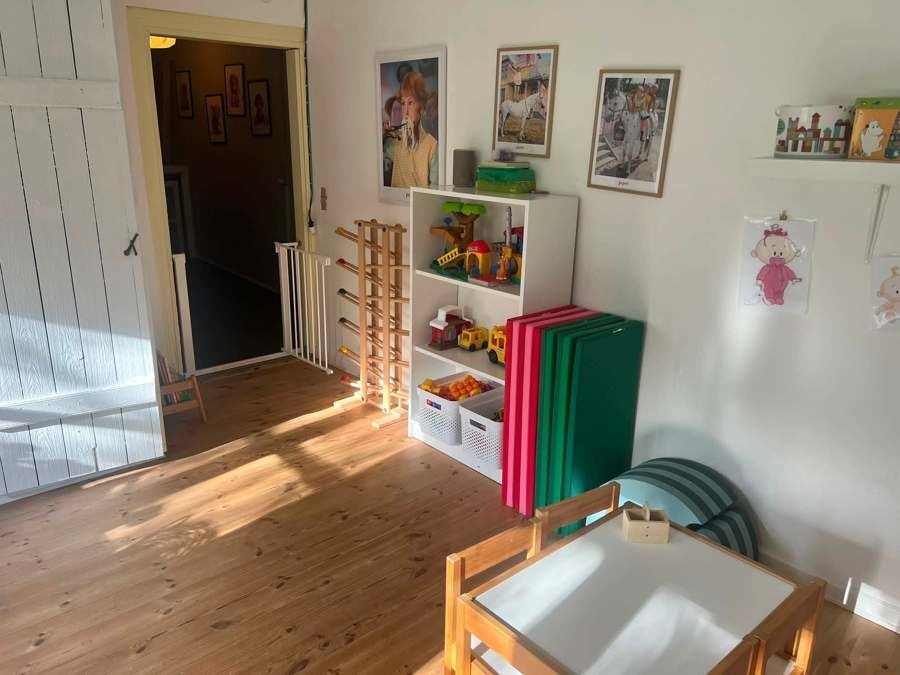 Stue med legetøjsreoler